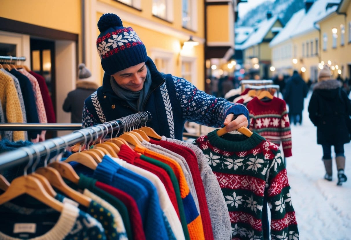 En person i Sverige køber en festlig julesweater og gennemser stativer med farverigt og mønstret strik i en hyggelig snedækket by